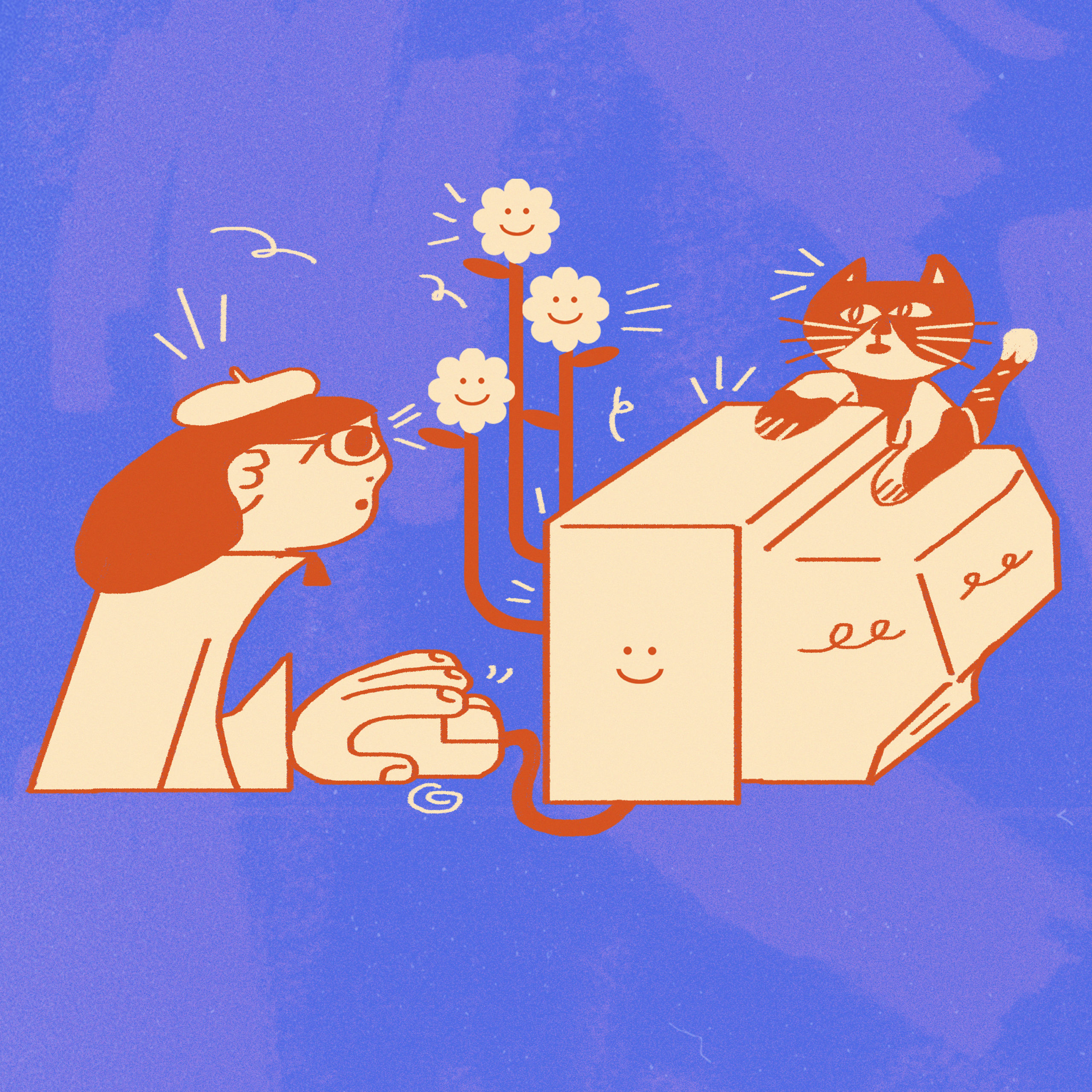 An illustration with a person typing on an old fashioned computer that is sprouting flowers. A cat sits on top of the computer.