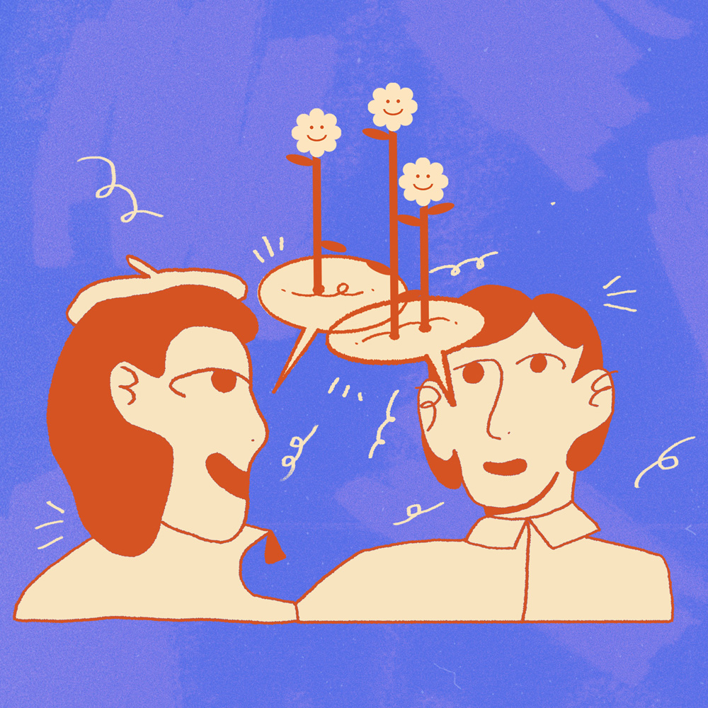 An illustration of two people drawn in peach and orange colours having a conversation. Speech bubbles above them are blooming flowers. The background is bright purple.