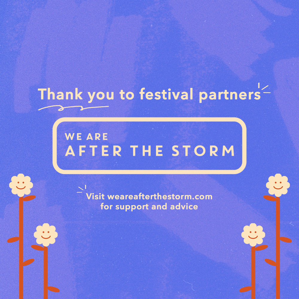 An illustration of daisies on a purple background. Text reads Thank you to festival partners After The Storm