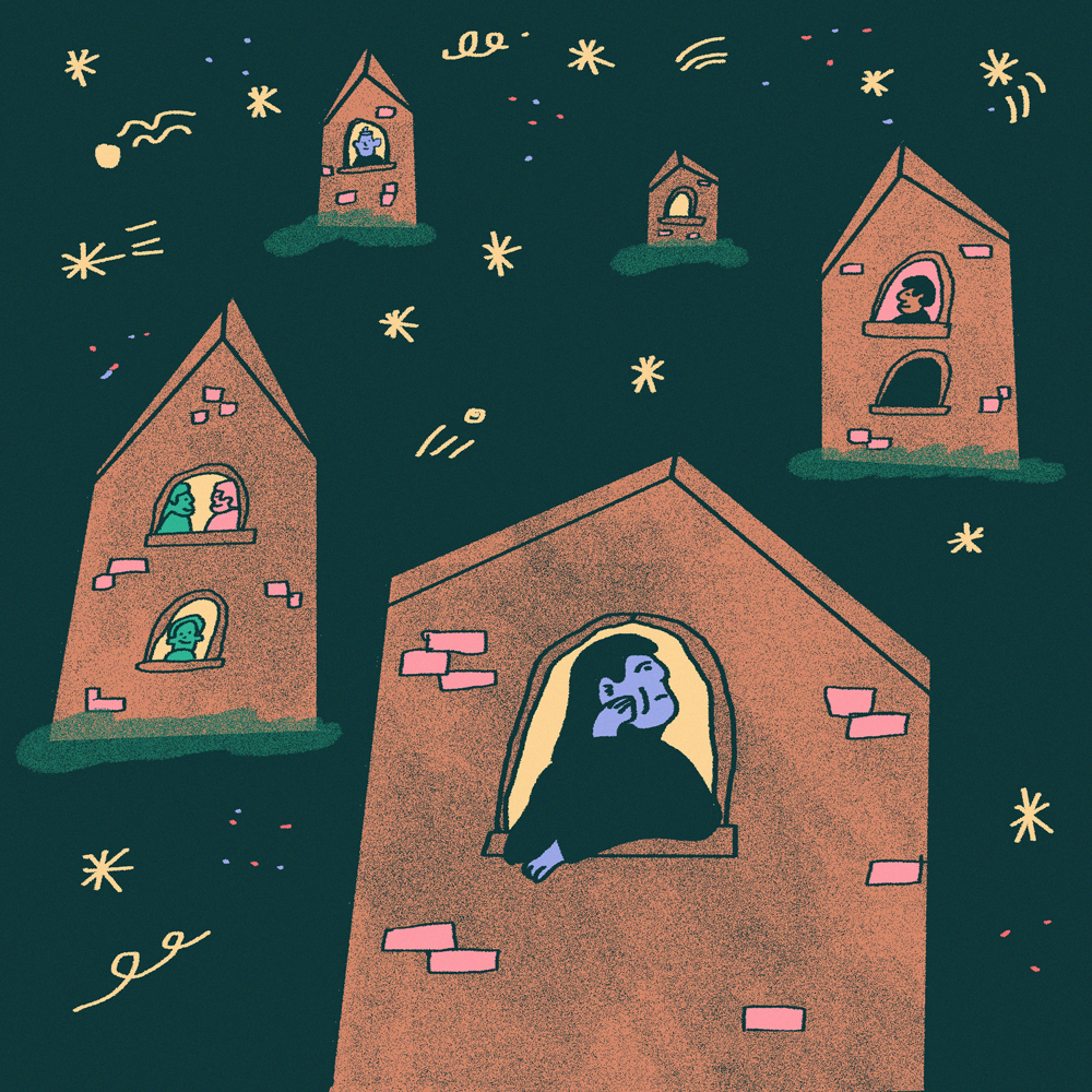 An illustration shows several red brick houses floating in a starry sky. People are at the window of each house, looking out.