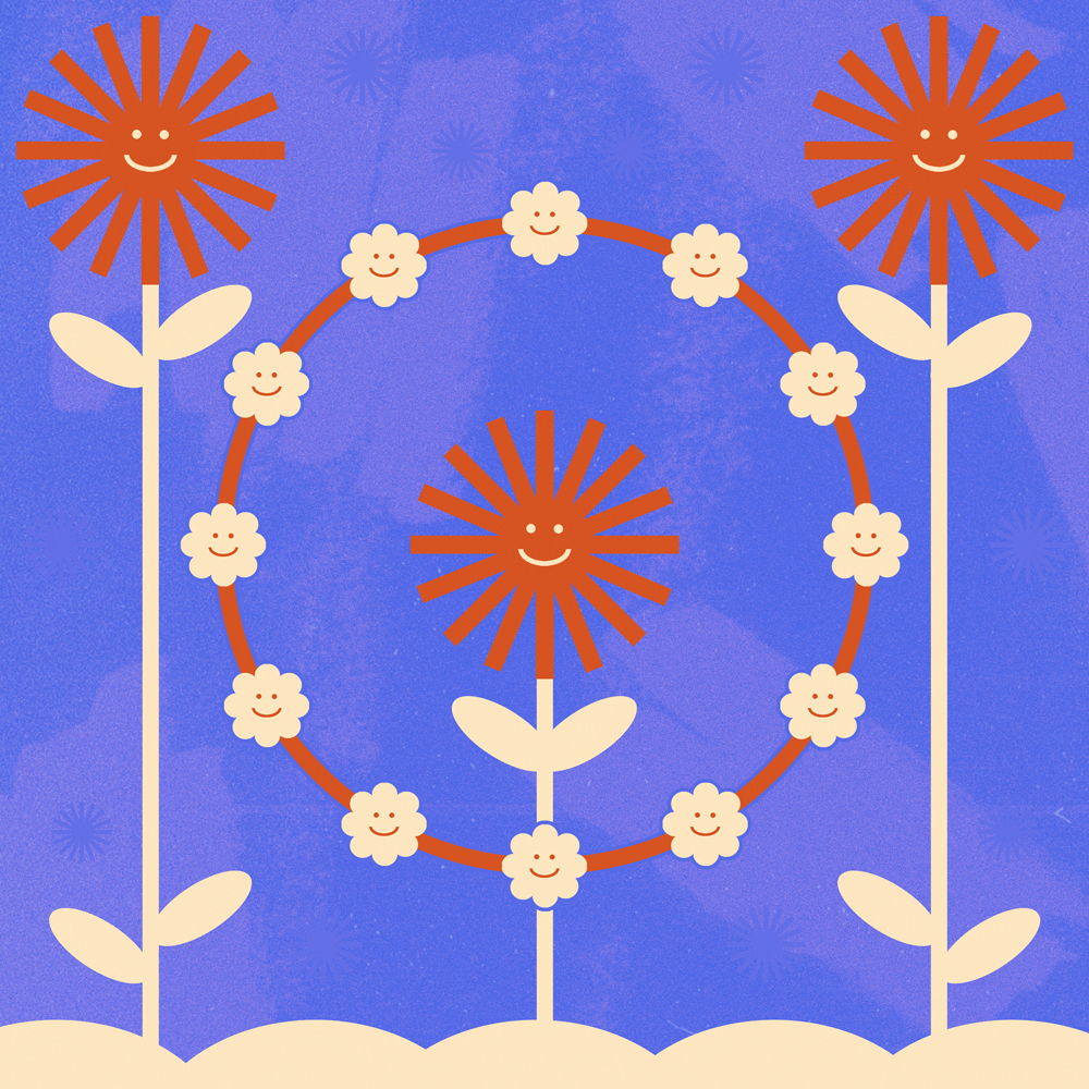 An illustration on a purple background. Three large orange smiling flowers are surrouded by a daisy chain of peach coloured flowers