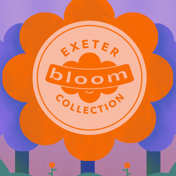 An illustration of a large pink flower. Text reads Exeter Bloom Collection