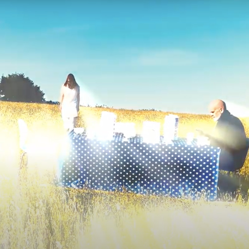 A still from the film BOOM sees a man sitting at a table in a field. A woman stands nearby in a white dress.