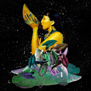 A collage of a woman drinking from a bowl, with leaves as her torso and fish as her legs