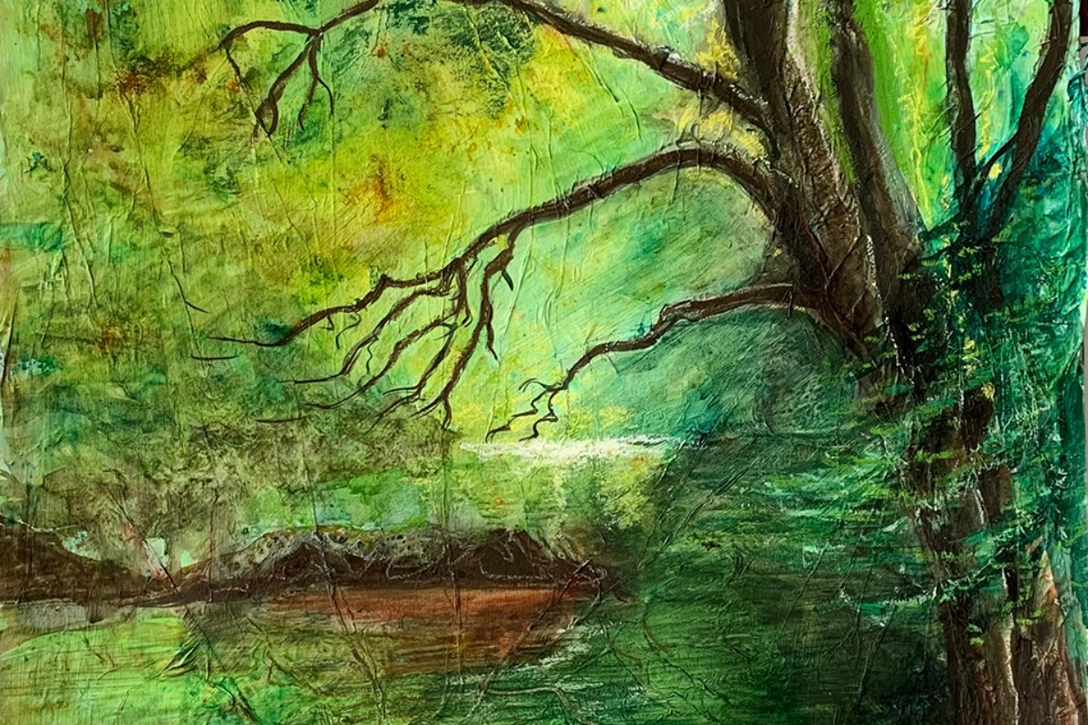 A watercolour painting of a leafy river with lots of trees overhanging it